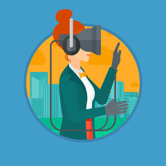 Young woman wearing a virtual relaity headset. Woman playing video games on a city background. Woman wearing gamer gloves. Vector flat design illustration in the circle isolated on background.