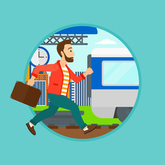 Latecomer man running along the platform to reach the train. Man came too late at train station. Man with briefcase chasing train. Vector flat design illustration in the circle isolated on background.