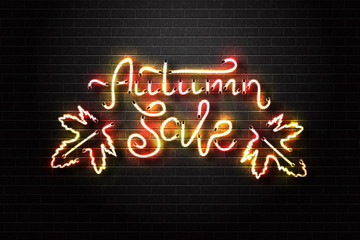 Fototapeta na wymiar Vector realistic isolated neon sign for Autumn Sale for decoration and covering on the wall background. Concept of Happy Autumn.