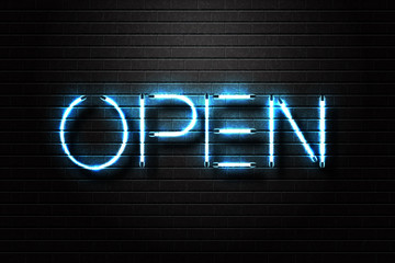 Obraz premium Vector realistic isolated neon sign Open lettering for decoration and covering on the wall background.
