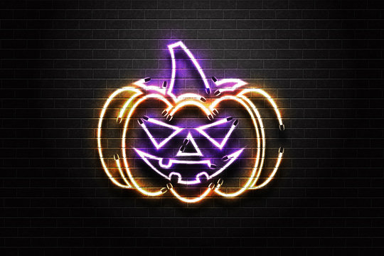 Vector realistic isolated neon sign of Halloween spooky pumpkin for decoration and covering on the wall background. Concept of Happy Halloween.