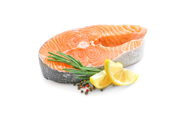 Fresh salmon steak on white background