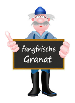 Fangfrische Granat, Fischer mit Schild, wei&szlig;er Hintgergrund