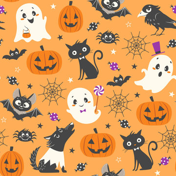 Halloween seamless pattern with cute pumpkins, ghosts, black cat, bats, raven, skin-walker and sweets on orange background.