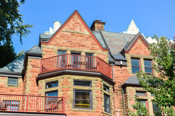 Expensive old houses with huge windows in Montreal downtown, Canada.