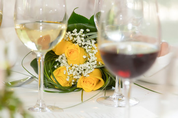 Bouquet of yellow roses with green leaves