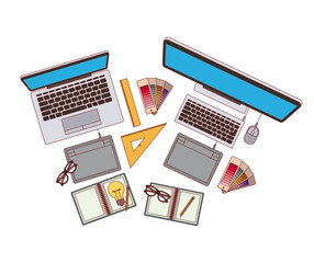 set computer and laptop with elements graphic design on white background