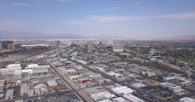 Las Vegas Aerial Panorama with city skyline, mountain and streets by the Stratosphere.