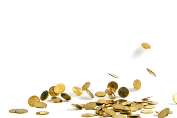 Falling gold coins money isolated on the white background, business concept.