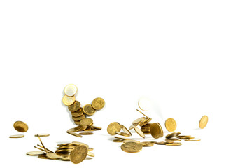 Falling gold coins money isolated on the white background, business concept.