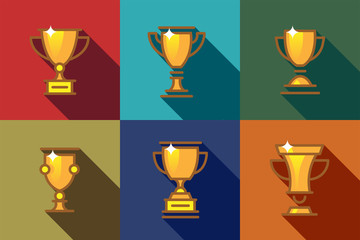 Set flat icon golden trophy cups and awards