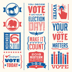 Set of patriotic design elements to encourage voting in United States elections. For web banners, cards, posters.
