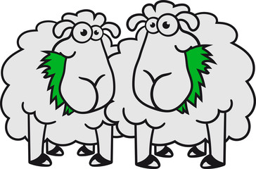 team paar 2 freunde gras fressen hunger grinsen stehend glücklich lustig klein süß niedlich comic cartoon schaf ziege wolle bauer bock cool