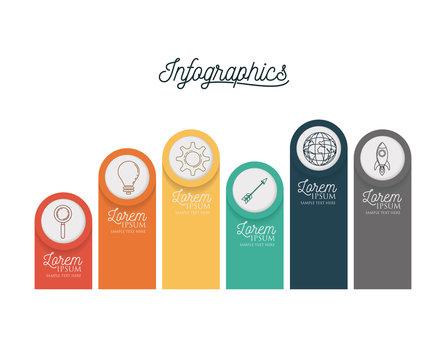 infographic with colorful labels and circles with icons inside