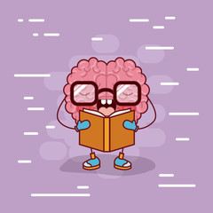 brain cartoon with glasses and reading a book and background light purple