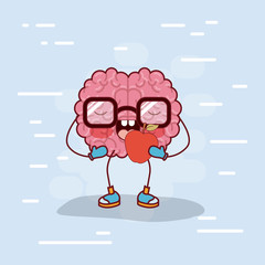 brain cartoon with glasses and eating apple in background light blue