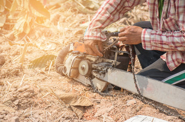 .Logger preparation chain saws.