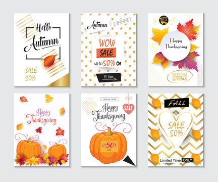 Fall Sale. Thanksgiving Holiday sale banners and posters set. Autumn Sale discount gift cards with Fall maple leaves, foliage, pumpkin, calligraphy, abstract trendy background vector.
