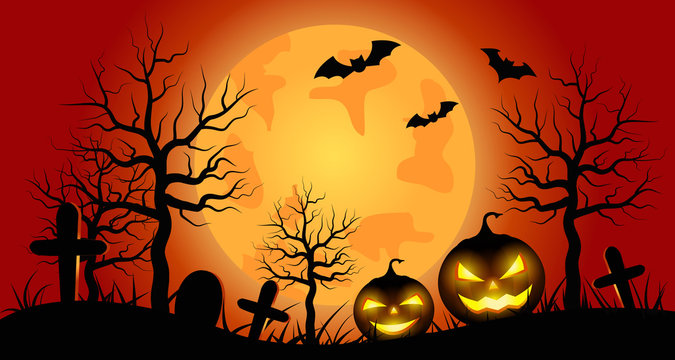 Halloween pumpkins with orange Moon background.vector illustration.