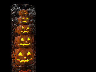 3d rendering. A stack of scary pumpkin Ghost lanterns in the cylinder glass bowl with black copy space background.