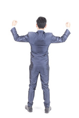 Back of Businessman standing on White Background with Success feeling, Business Success Concept, isolated on white background.