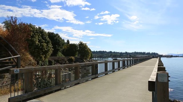 High definition 1080p panning movie of Boulevard Park along Bellinigham Bay in Washington State on a clear blue sky day 1920x1080 hd