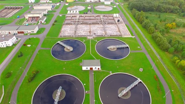 Aerial view to sewage treatment plant. Grey water recycling. Waste management for 165, 000 inhabitants of Pilsen city in Czech Republic, Europe. 