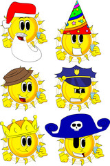 Cartoon sun drinking brandy. Collection with costume. Expressions vector set.