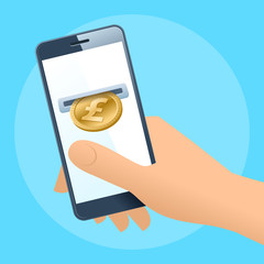 A human hand holding a mobile phone. A coin slot with gold pound is inserting at the screen. Money, banking, online payment, buying, cash concept. Vector flat illustration of hand, phone, pound coin.