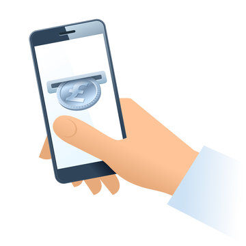 A Human Hand Holding A Mobile Phone. A Coin Slot With Silver Pound Is Inserting At The Screen. Money, Banking, Online Payment, Buying, Cash Concept. Vector Flat Illustration Of Hand, Phone, Pound.