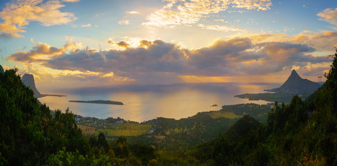View from Piton de la Petite Riviere Noire, highest peak of Mauritius. Panorama at sunset.Le Morn...