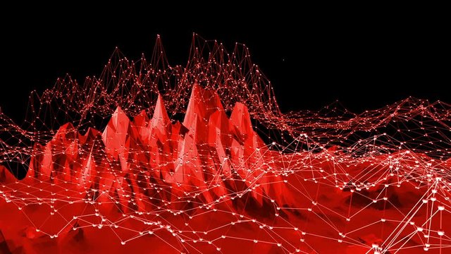 Cartoon modern 3D design. Abstract shining red low poly surface as landscape or molecular structure in stylish low poly design. Polygonal mosaic background with vertex, spikes. Free space. 1