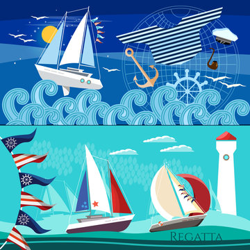 Yacht racing banner, sailing regatta. Sailing in the wind through the waves. Water sports Nautical school. Sea adventure