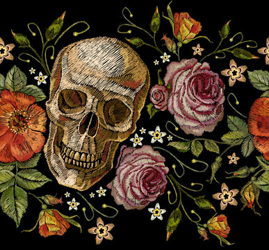 Embroidery skull and roses seamless pattern. Dia de muertos, day of the dead art. Gothic romanntic embroidery human skulls red roses and pink peonies pattern, clothes template and t-shirt design