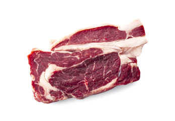 fresh raw beef steak isolated on white background, top view
