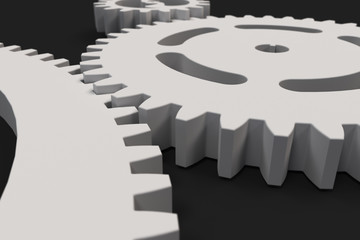 Set of white gears and cogs on black background