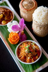 A beautiful set of Khao Soi, local northern food of Thailand. Found in Chiangmai and other provinces in northen Thailand.