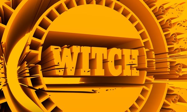 Stamp with witch text. Round shape. 3d rendering. Yellow seal