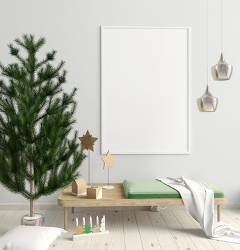 Modern Christmas interior of Scandinavian style. 3D illustration. poster mock up