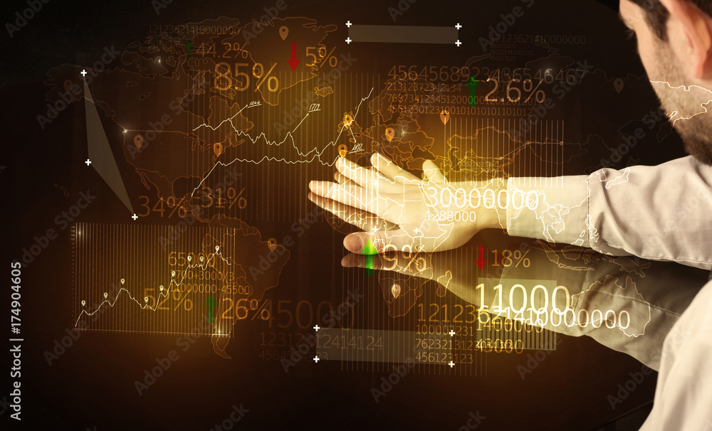 Poster Hands navigate on high tech smart table with business icons