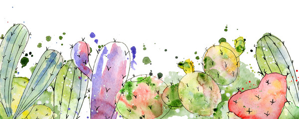 Tropical cactus arrangements, borders, frames watercolor cacti print  © EvgeniiasArt