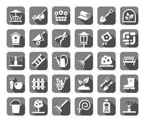 Landscape design, icons, monochromatic, gray, vector.  Arrangement of land. Equipment for horticulture. White flat icons on gray background with shadow.  