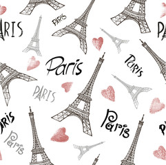 Seamless background with symbols of Paris - Eiffel Tower
