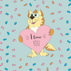 Cute cat with heart and words I Love You.
