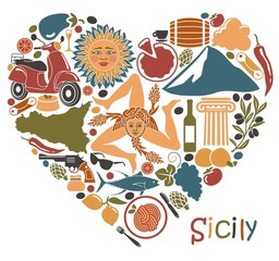 Set of icons on a theme of Sicily in the form of a heart
