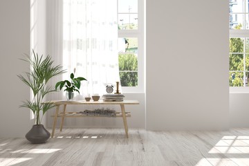Idea of white room with table and summer landscape in window. Scandinavian interior design. 3D illustration