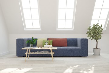 Idea of white minimalist room with sofa. Scandinavian interior design. 3D illustration