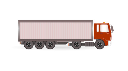 Vector truck trailer with red cabin, template isolated on white background. Cargo delivering vehicle. 