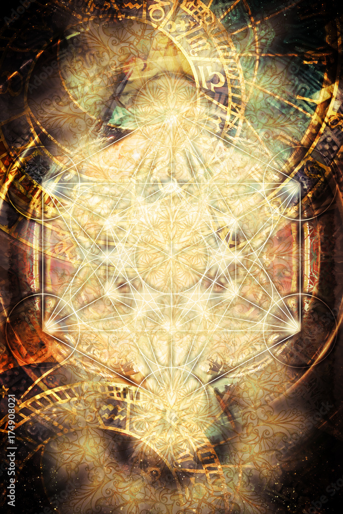 Poster light merkaba and zodiac and abstract background. sacred geometry.
