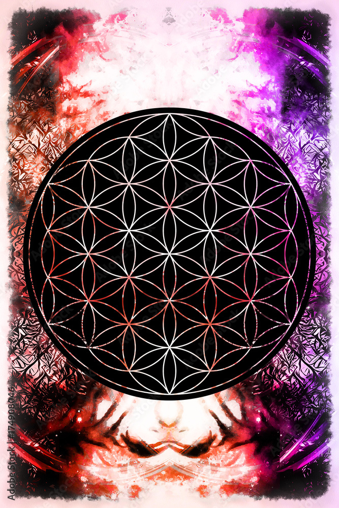 Aufkleber flower of life on abstract color background.